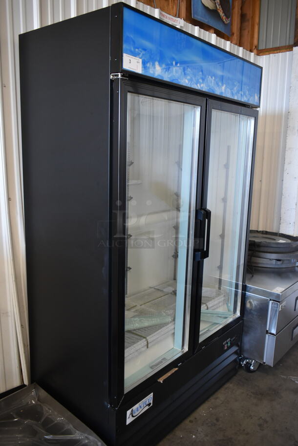 BRAND NEW SCRATCH AND DENT! 2023 Avantco 178GDC40HCB Metal Commercial 2 Door Reach In Cooler Merchandiser w/ Poly Coated Racks and LED Lighting. 115 Volts, 1 Phase. Tested and Working! - Image 3 of 6