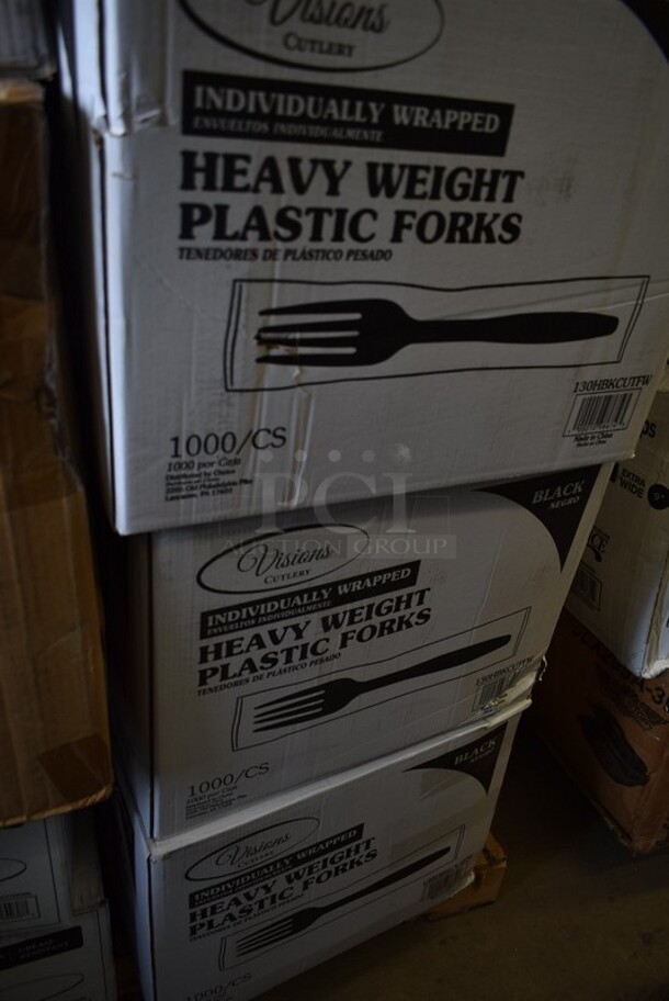 PALLET LOT of 22 BRAND NEW! Boxes Including 5 Box 130SERVSP8BK Choice 8 1/2" Black Disposable Plastic Serving Spoon - 72/Case, 360DOMELID16 Clear Dome Lids, 3 Box 130HBKCUTFW Visions Individually Wrapped Black Heavy Weight Plastic Fork - 1000/Case, 2 Box 245CCGR9BL CAKE CIRCLE 9" CORR 100 GREASE RESISTANT, Choice Double Wall Paper Hot Cups, 164GS605BBKS Lancaster Table & Seating Black Vinyl Bar Stool Seat, 164CUSHWDVIN Lancaster Table & Seating Vintage Finish Wood Seat for Wood Frame Chairs and Bar Stools, 795PTOBK3 Choice 7 3/4" x 5 1/2" x 2 1/2" Black Microwavable Folded Paper #3 Take-Out Container - 200/Case, 612527HD Choice 7" Round Heavy Weight Foil Take-Out Pan - 500/Case. 22 Times Your Bid! - Image 2 of 9