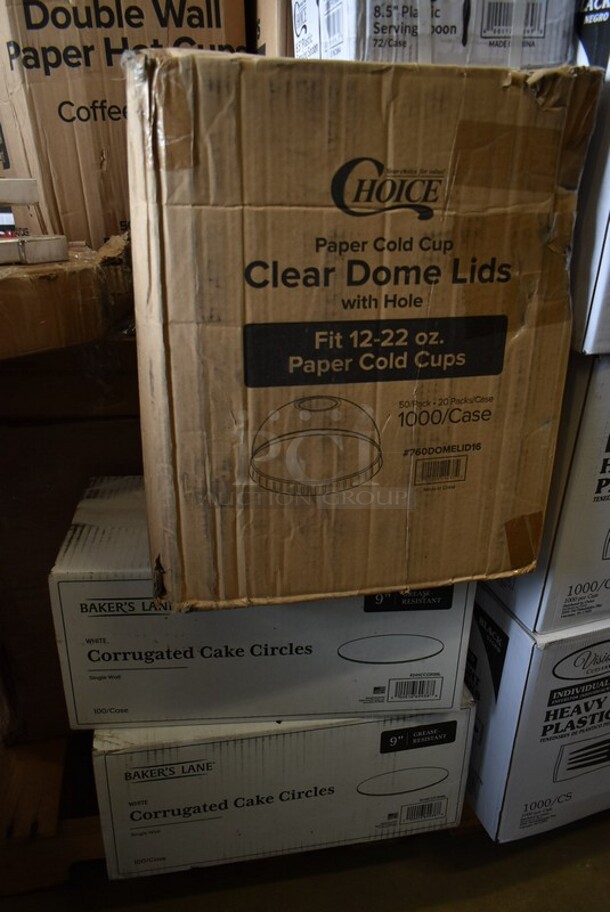PALLET LOT of 22 BRAND NEW! Boxes Including 5 Box 130SERVSP8BK Choice 8 1/2" Black Disposable Plastic Serving Spoon - 72/Case, 360DOMELID16 Clear Dome Lids, 3 Box 130HBKCUTFW Visions Individually Wrapped Black Heavy Weight Plastic Fork - 1000/Case, 2 Box 245CCGR9BL CAKE CIRCLE 9" CORR 100 GREASE RESISTANT, Choice Double Wall Paper Hot Cups, 164GS605BBKS Lancaster Table & Seating Black Vinyl Bar Stool Seat, 164CUSHWDVIN Lancaster Table & Seating Vintage Finish Wood Seat for Wood Frame Chairs and Bar Stools, 795PTOBK3 Choice 7 3/4" x 5 1/2" x 2 1/2" Black Microwavable Folded Paper #3 Take-Out Container - 200/Case, 612527HD Choice 7" Round Heavy Weight Foil Take-Out Pan - 500/Case. 22 Times Your Bid! - Image 3 of 9