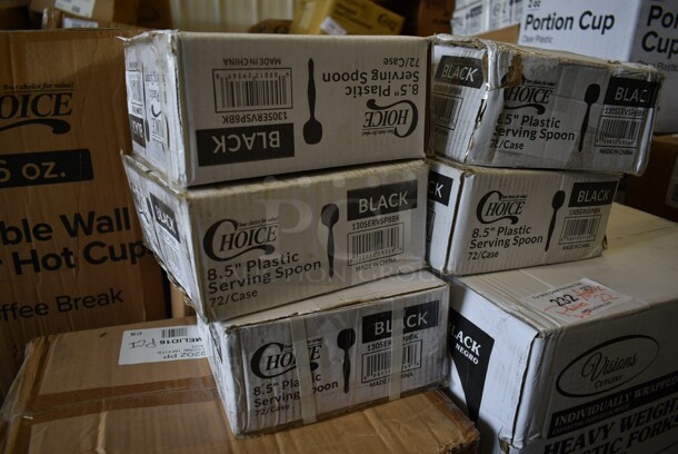 PALLET LOT of 22 BRAND NEW! Boxes Including 5 Box 130SERVSP8BK Choice 8 1/2" Black Disposable Plastic Serving Spoon - 72/Case, 360DOMELID16 Clear Dome Lids, 3 Box 130HBKCUTFW Visions Individually Wrapped Black Heavy Weight Plastic Fork - 1000/Case, 2 Box 245CCGR9BL CAKE CIRCLE 9" CORR 100 GREASE RESISTANT, Choice Double Wall Paper Hot Cups, 164GS605BBKS Lancaster Table & Seating Black Vinyl Bar Stool Seat, 164CUSHWDVIN Lancaster Table & Seating Vintage Finish Wood Seat for Wood Frame Chairs and Bar Stools, 795PTOBK3 Choice 7 3/4" x 5 1/2" x 2 1/2" Black Microwavable Folded Paper #3 Take-Out Container - 200/Case, 612527HD Choice 7" Round Heavy Weight Foil Take-Out Pan - 500/Case. 22 Times Your Bid! - Image 4 of 9