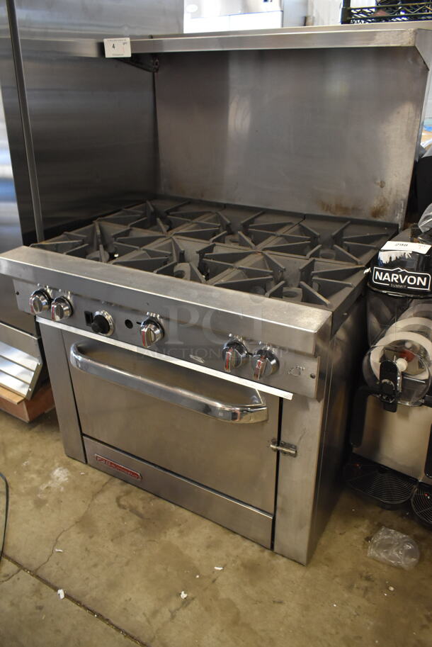 Southbend S36D Stainless Steel Natural Gas Powered 6 Burner Range w/ Oven, Over Shelf and Back Splash.  - Image 2 of 7