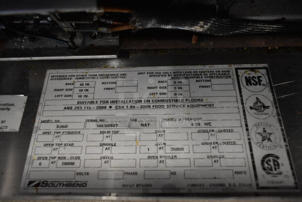 Southbend S36D Stainless Steel Natural Gas Powered 6 Burner Range w/ Oven, Over Shelf and Back Splash.  - Image 7 of 7