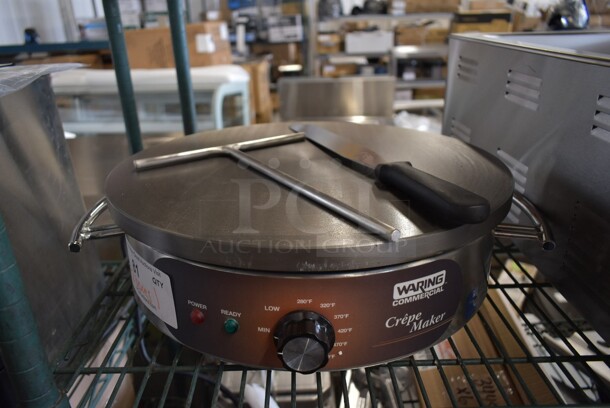 BRAND NEW SCRATCH AND DENT! Waring WSC165BX Stainless Steel Commercial 16" Round Crepe Maker w/ Crepe Spatula and Batter Spreader. 208/240 Volts, 1 Phase.  - Image 2 of 11