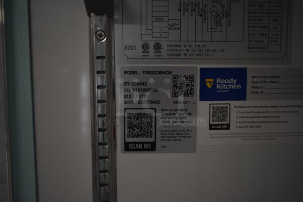BRAND NEW SCRATCH AND DENT! 2023 Avantco 178GDC40HCW 48" White Swing Glass Door Merchandiser Refrigerator with LED Lighting. See Pictures For Damage. 115 Volts, 1 Phase. Tested and Working! - Image 8 of 8