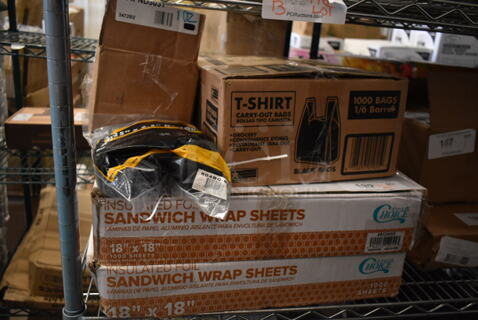 5 BRAND NEW SCRATCH AND DENT! Items Including 2 Choice 612W85 18"x18" Insulated Sandwich Wrap Sheets, Tshirt Carry Out Bags, 804BG-BK 3.25"x6.5" BestGua Handle Holder, and Stack of Tan Poly Bowls. 5 Times Your Bid! 