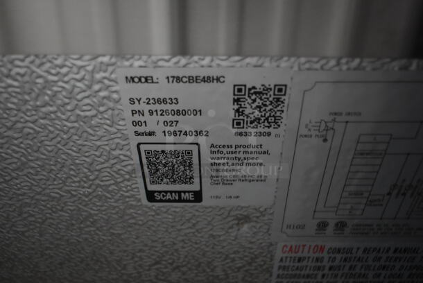 BRAND NEW SCRATCH AND DENT! 2023 Avantco 178CBE48HC Stainless Steel Commercial 2 Drawer Chef Base on Commercial Casters. Missing Right Panel. 115 Volts, 1 Phase. Tested and Does Not Power On - Image 7 of 7