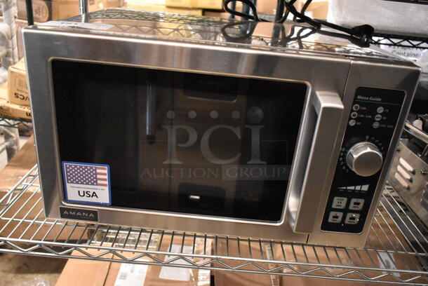 BRAND NEW SCRATCH AND DENT! 2023 Amana RCS10DSE Stainless Steel Commercial Countertop Microwave Oven. 120 Volts, 1 Phase.  - Image 2 of 6