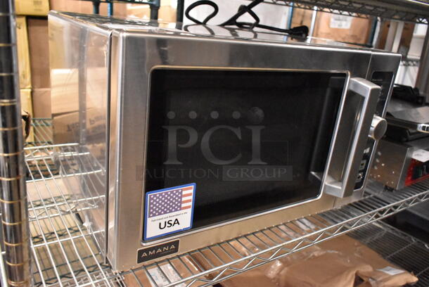 BRAND NEW SCRATCH AND DENT! 2023 Amana RCS10DSE Stainless Steel Commercial Countertop Microwave Oven. 120 Volts, 1 Phase.  - Image 3 of 6
