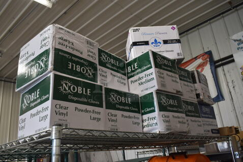 11 BRAND NEW SCRATCH AND DENT! Boxes of Noble Disposable Gloves Including 2 394365L Large, 2 394365XL X Large, 2 394365M Medium, 2 394365S Small, 394325M Medium, Black Hybrid Large, Nitrile Large. 11 Times Your Bid!  