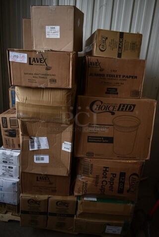 PALLET LOT of 28 BRAND NEW! Boxes Including 395RP09 EcoChoice Compostable Sugarcane / Bagasse 9" Plate - 500/Case, 50012W Choice 12 oz. White Poly Paper Hot Cup - 1000/Case, 128HD32BULK ChoiceHD 32 oz. Microwavable Translucent Plastic Deli Container - 480/Case, 5001TPJ Lavex 1-Ply Jumbo 1400' Toilet Paper Roll with 9" Diameter - 12/Case, 129MCR24B Choice 24 oz. Black Round Microwavable Heavy Weight Container with Lid 7 1/4" - 150/Case, 9205 5250 Doses Labels, 2 Box Lavex Hardwound Roll Towels, 2 Box 129MCS28B Choice 28 oz. Black Rectangular Microwavable Heavy Weight Container with Lid 8 3/4" x 6 1/4" x 1 3/4" - 150/Case, 2 Box 130WFORK Choice Medium Weight White Plastic Fork - 1000/Case, M1017-2X Malt Impact ProMax M1017-2XL White Microporous Zipper Front Long Sleeve Coveralls with Elastic Wrists and Ankles - 2XL, 200L1020B Choice Hot Cup Travel Lids, T-Shirt Bags, 5338CD Dixie, . 28 Times Your Bid!
