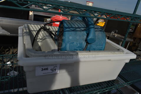White Poly Bin w/ Blue Floor Fan Air Mover