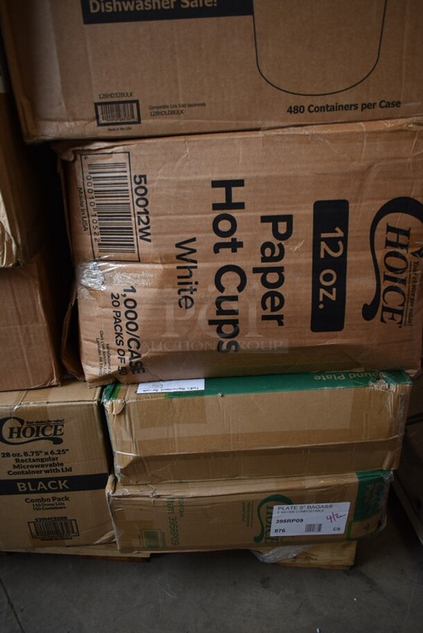 PALLET LOT of 28 BRAND NEW! Boxes Including 395RP09 EcoChoice Compostable Sugarcane / Bagasse 9" Plate - 500/Case, 50012W Choice 12 oz. White Poly Paper Hot Cup - 1000/Case, 128HD32BULK ChoiceHD 32 oz. Microwavable Translucent Plastic Deli Container - 480/Case, 5001TPJ Lavex 1-Ply Jumbo 1400' Toilet Paper Roll with 9" Diameter - 12/Case, 129MCR24B Choice 24 oz. Black Round Microwavable Heavy Weight Container with Lid 7 1/4" - 150/Case, 9205 5250 Doses Labels, 2 Box Lavex Hardwound Roll Towels, 2 Box 129MCS28B Choice 28 oz. Black Rectangular Microwavable Heavy Weight Container with Lid 8 3/4" x 6 1/4" x 1 3/4" - 150/Case, 2 Box 130WFORK Choice Medium Weight White Plastic Fork - 1000/Case, M1017-2X Malt Impact ProMax M1017-2XL White Microporous Zipper Front Long Sleeve Coveralls with Elastic Wrists and Ankles - 2XL, 200L1020B Choice Hot Cup Travel Lids, T-Shirt Bags, 5338CD Dixie, . 28 Times Your Bid! - Image 2 of 12