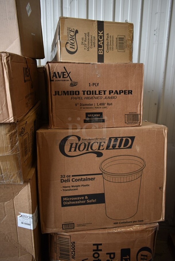 PALLET LOT of 28 BRAND NEW! Boxes Including 395RP09 EcoChoice Compostable Sugarcane / Bagasse 9" Plate - 500/Case, 50012W Choice 12 oz. White Poly Paper Hot Cup - 1000/Case, 128HD32BULK ChoiceHD 32 oz. Microwavable Translucent Plastic Deli Container - 480/Case, 5001TPJ Lavex 1-Ply Jumbo 1400' Toilet Paper Roll with 9" Diameter - 12/Case, 129MCR24B Choice 24 oz. Black Round Microwavable Heavy Weight Container with Lid 7 1/4" - 150/Case, 9205 5250 Doses Labels, 2 Box Lavex Hardwound Roll Towels, 2 Box 129MCS28B Choice 28 oz. Black Rectangular Microwavable Heavy Weight Container with Lid 8 3/4" x 6 1/4" x 1 3/4" - 150/Case, 2 Box 130WFORK Choice Medium Weight White Plastic Fork - 1000/Case, M1017-2X Malt Impact ProMax M1017-2XL White Microporous Zipper Front Long Sleeve Coveralls with Elastic Wrists and Ankles - 2XL, 200L1020B Choice Hot Cup Travel Lids, T-Shirt Bags, 5338CD Dixie, . 28 Times Your Bid! - Image 3 of 12