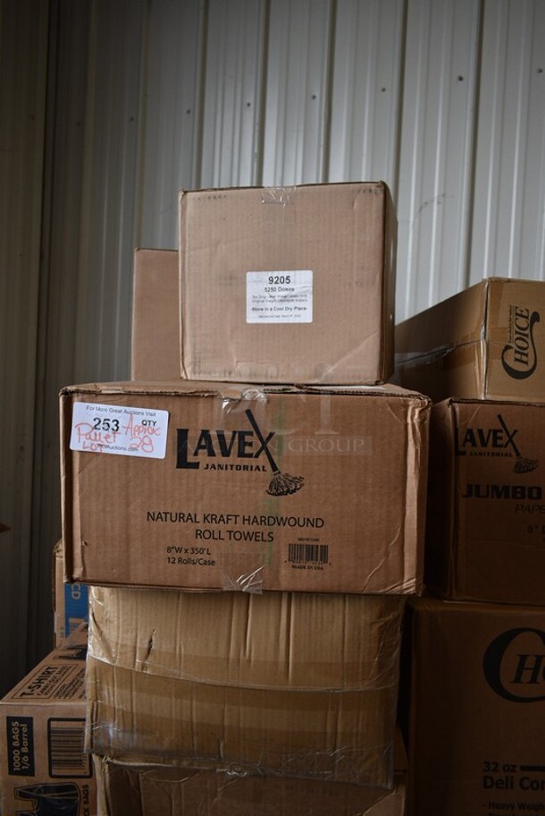 PALLET LOT of 28 BRAND NEW! Boxes Including 395RP09 EcoChoice Compostable Sugarcane / Bagasse 9" Plate - 500/Case, 50012W Choice 12 oz. White Poly Paper Hot Cup - 1000/Case, 128HD32BULK ChoiceHD 32 oz. Microwavable Translucent Plastic Deli Container - 480/Case, 5001TPJ Lavex 1-Ply Jumbo 1400' Toilet Paper Roll with 9" Diameter - 12/Case, 129MCR24B Choice 24 oz. Black Round Microwavable Heavy Weight Container with Lid 7 1/4" - 150/Case, 9205 5250 Doses Labels, 2 Box Lavex Hardwound Roll Towels, 2 Box 129MCS28B Choice 28 oz. Black Rectangular Microwavable Heavy Weight Container with Lid 8 3/4" x 6 1/4" x 1 3/4" - 150/Case, 2 Box 130WFORK Choice Medium Weight White Plastic Fork - 1000/Case, M1017-2X Malt Impact ProMax M1017-2XL White Microporous Zipper Front Long Sleeve Coveralls with Elastic Wrists and Ankles - 2XL, 200L1020B Choice Hot Cup Travel Lids, T-Shirt Bags, 5338CD Dixie, . 28 Times Your Bid! - Image 4 of 12