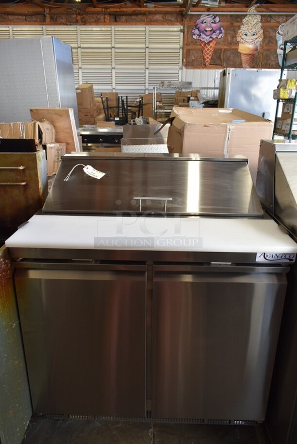 BRAND NEW SCRATCH AND DENT! 2023 Avantco 178ZPT36HC Stainless Steel Commercial Sandwich Salad Prep Table Bain Marie Mega Top on Commercial Casters. 115 Volts, 1 Phase. Tested and Working! - Image 2 of 7
