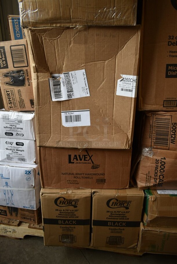 PALLET LOT of 28 BRAND NEW! Boxes Including 395RP09 EcoChoice Compostable Sugarcane / Bagasse 9" Plate - 500/Case, 50012W Choice 12 oz. White Poly Paper Hot Cup - 1000/Case, 128HD32BULK ChoiceHD 32 oz. Microwavable Translucent Plastic Deli Container - 480/Case, 5001TPJ Lavex 1-Ply Jumbo 1400' Toilet Paper Roll with 9" Diameter - 12/Case, 129MCR24B Choice 24 oz. Black Round Microwavable Heavy Weight Container with Lid 7 1/4" - 150/Case, 9205 5250 Doses Labels, 2 Box Lavex Hardwound Roll Towels, 2 Box 129MCS28B Choice 28 oz. Black Rectangular Microwavable Heavy Weight Container with Lid 8 3/4" x 6 1/4" x 1 3/4" - 150/Case, 2 Box 130WFORK Choice Medium Weight White Plastic Fork - 1000/Case, M1017-2X Malt Impact ProMax M1017-2XL White Microporous Zipper Front Long Sleeve Coveralls with Elastic Wrists and Ankles - 2XL, 200L1020B Choice Hot Cup Travel Lids, T-Shirt Bags, 5338CD Dixie, . 28 Times Your Bid! - Image 5 of 12