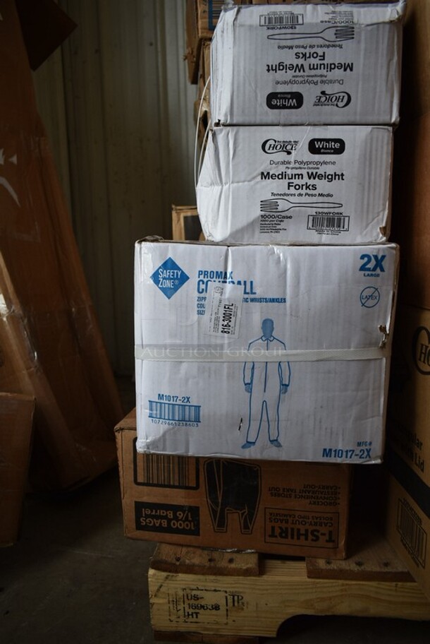PALLET LOT of 28 BRAND NEW! Boxes Including 395RP09 EcoChoice Compostable Sugarcane / Bagasse 9" Plate - 500/Case, 50012W Choice 12 oz. White Poly Paper Hot Cup - 1000/Case, 128HD32BULK ChoiceHD 32 oz. Microwavable Translucent Plastic Deli Container - 480/Case, 5001TPJ Lavex 1-Ply Jumbo 1400' Toilet Paper Roll with 9" Diameter - 12/Case, 129MCR24B Choice 24 oz. Black Round Microwavable Heavy Weight Container with Lid 7 1/4" - 150/Case, 9205 5250 Doses Labels, 2 Box Lavex Hardwound Roll Towels, 2 Box 129MCS28B Choice 28 oz. Black Rectangular Microwavable Heavy Weight Container with Lid 8 3/4" x 6 1/4" x 1 3/4" - 150/Case, 2 Box 130WFORK Choice Medium Weight White Plastic Fork - 1000/Case, M1017-2X Malt Impact ProMax M1017-2XL White Microporous Zipper Front Long Sleeve Coveralls with Elastic Wrists and Ankles - 2XL, 200L1020B Choice Hot Cup Travel Lids, T-Shirt Bags, 5338CD Dixie, . 28 Times Your Bid! - Image 6 of 12