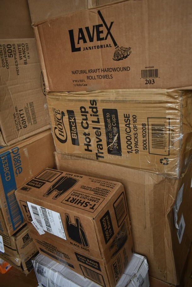 PALLET LOT of 28 BRAND NEW! Boxes Including 395RP09 EcoChoice Compostable Sugarcane / Bagasse 9" Plate - 500/Case, 50012W Choice 12 oz. White Poly Paper Hot Cup - 1000/Case, 128HD32BULK ChoiceHD 32 oz. Microwavable Translucent Plastic Deli Container - 480/Case, 5001TPJ Lavex 1-Ply Jumbo 1400' Toilet Paper Roll with 9" Diameter - 12/Case, 129MCR24B Choice 24 oz. Black Round Microwavable Heavy Weight Container with Lid 7 1/4" - 150/Case, 9205 5250 Doses Labels, 2 Box Lavex Hardwound Roll Towels, 2 Box 129MCS28B Choice 28 oz. Black Rectangular Microwavable Heavy Weight Container with Lid 8 3/4" x 6 1/4" x 1 3/4" - 150/Case, 2 Box 130WFORK Choice Medium Weight White Plastic Fork - 1000/Case, M1017-2X Malt Impact ProMax M1017-2XL White Microporous Zipper Front Long Sleeve Coveralls with Elastic Wrists and Ankles - 2XL, 200L1020B Choice Hot Cup Travel Lids, T-Shirt Bags, 5338CD Dixie, . 28 Times Your Bid! - Image 7 of 12