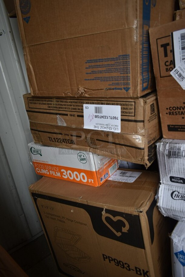 PALLET LOT of 28 BRAND NEW! Boxes Including 395RP09 EcoChoice Compostable Sugarcane / Bagasse 9" Plate - 500/Case, 50012W Choice 12 oz. White Poly Paper Hot Cup - 1000/Case, 128HD32BULK ChoiceHD 32 oz. Microwavable Translucent Plastic Deli Container - 480/Case, 5001TPJ Lavex 1-Ply Jumbo 1400' Toilet Paper Roll with 9" Diameter - 12/Case, 129MCR24B Choice 24 oz. Black Round Microwavable Heavy Weight Container with Lid 7 1/4" - 150/Case, 9205 5250 Doses Labels, 2 Box Lavex Hardwound Roll Towels, 2 Box 129MCS28B Choice 28 oz. Black Rectangular Microwavable Heavy Weight Container with Lid 8 3/4" x 6 1/4" x 1 3/4" - 150/Case, 2 Box 130WFORK Choice Medium Weight White Plastic Fork - 1000/Case, M1017-2X Malt Impact ProMax M1017-2XL White Microporous Zipper Front Long Sleeve Coveralls with Elastic Wrists and Ankles - 2XL, 200L1020B Choice Hot Cup Travel Lids, T-Shirt Bags, 5338CD Dixie, . 28 Times Your Bid! - Image 8 of 12