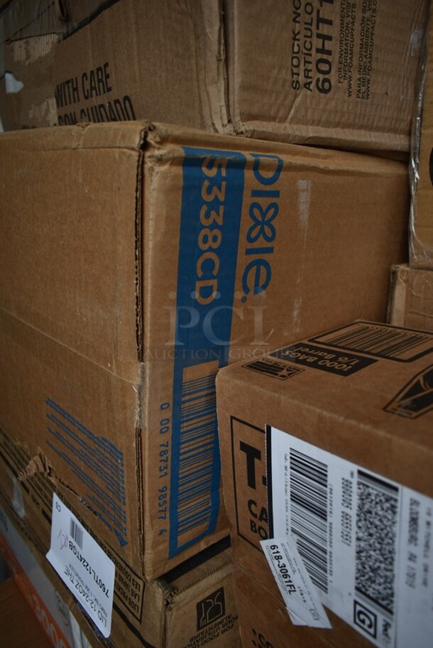PALLET LOT of 28 BRAND NEW! Boxes Including 395RP09 EcoChoice Compostable Sugarcane / Bagasse 9" Plate - 500/Case, 50012W Choice 12 oz. White Poly Paper Hot Cup - 1000/Case, 128HD32BULK ChoiceHD 32 oz. Microwavable Translucent Plastic Deli Container - 480/Case, 5001TPJ Lavex 1-Ply Jumbo 1400' Toilet Paper Roll with 9" Diameter - 12/Case, 129MCR24B Choice 24 oz. Black Round Microwavable Heavy Weight Container with Lid 7 1/4" - 150/Case, 9205 5250 Doses Labels, 2 Box Lavex Hardwound Roll Towels, 2 Box 129MCS28B Choice 28 oz. Black Rectangular Microwavable Heavy Weight Container with Lid 8 3/4" x 6 1/4" x 1 3/4" - 150/Case, 2 Box 130WFORK Choice Medium Weight White Plastic Fork - 1000/Case, M1017-2X Malt Impact ProMax M1017-2XL White Microporous Zipper Front Long Sleeve Coveralls with Elastic Wrists and Ankles - 2XL, 200L1020B Choice Hot Cup Travel Lids, T-Shirt Bags, 5338CD Dixie, . 28 Times Your Bid! - Image 9 of 12