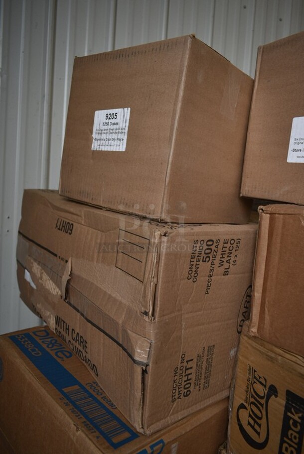 PALLET LOT of 28 BRAND NEW! Boxes Including 395RP09 EcoChoice Compostable Sugarcane / Bagasse 9" Plate - 500/Case, 50012W Choice 12 oz. White Poly Paper Hot Cup - 1000/Case, 128HD32BULK ChoiceHD 32 oz. Microwavable Translucent Plastic Deli Container - 480/Case, 5001TPJ Lavex 1-Ply Jumbo 1400' Toilet Paper Roll with 9" Diameter - 12/Case, 129MCR24B Choice 24 oz. Black Round Microwavable Heavy Weight Container with Lid 7 1/4" - 150/Case, 9205 5250 Doses Labels, 2 Box Lavex Hardwound Roll Towels, 2 Box 129MCS28B Choice 28 oz. Black Rectangular Microwavable Heavy Weight Container with Lid 8 3/4" x 6 1/4" x 1 3/4" - 150/Case, 2 Box 130WFORK Choice Medium Weight White Plastic Fork - 1000/Case, M1017-2X Malt Impact ProMax M1017-2XL White Microporous Zipper Front Long Sleeve Coveralls with Elastic Wrists and Ankles - 2XL, 200L1020B Choice Hot Cup Travel Lids, T-Shirt Bags, 5338CD Dixie, . 28 Times Your Bid! - Image 10 of 12