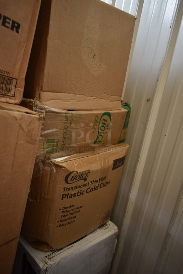PALLET LOT of 28 BRAND NEW! Boxes Including 395RP09 EcoChoice Compostable Sugarcane / Bagasse 9" Plate - 500/Case, 50012W Choice 12 oz. White Poly Paper Hot Cup - 1000/Case, 128HD32BULK ChoiceHD 32 oz. Microwavable Translucent Plastic Deli Container - 480/Case, 5001TPJ Lavex 1-Ply Jumbo 1400' Toilet Paper Roll with 9" Diameter - 12/Case, 129MCR24B Choice 24 oz. Black Round Microwavable Heavy Weight Container with Lid 7 1/4" - 150/Case, 9205 5250 Doses Labels, 2 Box Lavex Hardwound Roll Towels, 2 Box 129MCS28B Choice 28 oz. Black Rectangular Microwavable Heavy Weight Container with Lid 8 3/4" x 6 1/4" x 1 3/4" - 150/Case, 2 Box 130WFORK Choice Medium Weight White Plastic Fork - 1000/Case, M1017-2X Malt Impact ProMax M1017-2XL White Microporous Zipper Front Long Sleeve Coveralls with Elastic Wrists and Ankles - 2XL, 200L1020B Choice Hot Cup Travel Lids, T-Shirt Bags, 5338CD Dixie, . 28 Times Your Bid! - Image 11 of 12