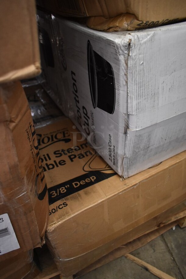 PALLET LOT of 28 BRAND NEW! Boxes Including 395RP09 EcoChoice Compostable Sugarcane / Bagasse 9" Plate - 500/Case, 50012W Choice 12 oz. White Poly Paper Hot Cup - 1000/Case, 128HD32BULK ChoiceHD 32 oz. Microwavable Translucent Plastic Deli Container - 480/Case, 5001TPJ Lavex 1-Ply Jumbo 1400' Toilet Paper Roll with 9" Diameter - 12/Case, 129MCR24B Choice 24 oz. Black Round Microwavable Heavy Weight Container with Lid 7 1/4" - 150/Case, 9205 5250 Doses Labels, 2 Box Lavex Hardwound Roll Towels, 2 Box 129MCS28B Choice 28 oz. Black Rectangular Microwavable Heavy Weight Container with Lid 8 3/4" x 6 1/4" x 1 3/4" - 150/Case, 2 Box 130WFORK Choice Medium Weight White Plastic Fork - 1000/Case, M1017-2X Malt Impact ProMax M1017-2XL White Microporous Zipper Front Long Sleeve Coveralls with Elastic Wrists and Ankles - 2XL, 200L1020B Choice Hot Cup Travel Lids, T-Shirt Bags, 5338CD Dixie, . 28 Times Your Bid! - Image 12 of 12