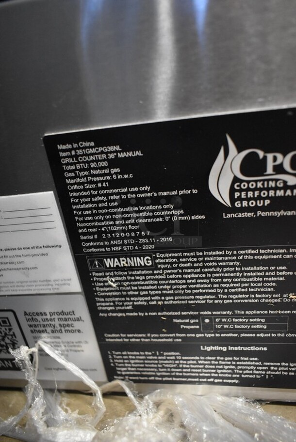 BRAND NEW SCRATCH AND DENT! 2023 Cooking Performance Group CPG 351GMCPG36NL Stainless Steel Commercial Countertop Natural Gas Powered Flat Top Griddle w/ Thermostatic Controls. 90,000 BTU.  - Image 5 of 7