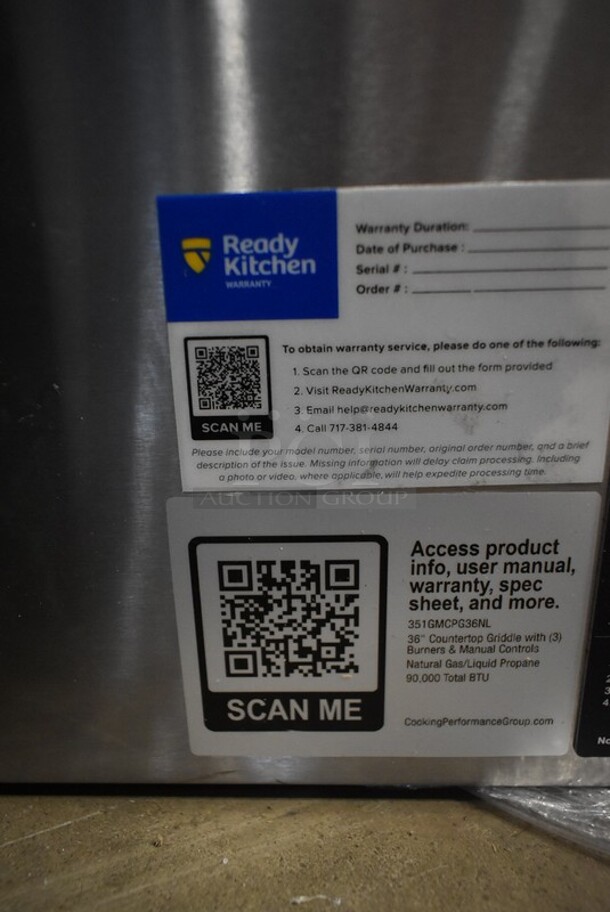 BRAND NEW SCRATCH AND DENT! 2023 Cooking Performance Group CPG 351GMCPG36NL Stainless Steel Commercial Countertop Natural Gas Powered Flat Top Griddle w/ Thermostatic Controls. 90,000 BTU.  - Image 6 of 7