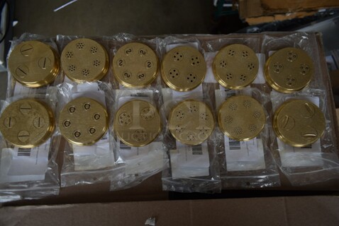 12 BRAND NEW SCRATCH AND DENT! Estella Die for Pasta Machine; 348PEM9D56 #56 Mafaldine (Reginette) Pasta Die - 16 mm (5/8"), 348PEM9D38 #38 Pappardelle Pasta Die - 15 mm (19/64"), 348PEM9D77 #77 Rigatoni Pasta Die - 8 mm (5/16"), 348PEM9D91 #91 Gramigne Pasta Die - 3 mm (1/8"), 348PEM9D220 #220 Casarecce Pasta Die - 8.8 mm (11/32"), 348PEM9D9 #9 Spaghetti Pasta Die - 1.9 mm (5/64"), 348PEM9D13 #13 Bigoli Pasta Die - 3 mm (1/8"), 348PEM9D21 #21 Linguine Pasta Die - 3 mm x 1.6 mm (3" x 1/16"), 348PEM9D5 #5 Capellini Pasta Die - 1.1 mm (3/64"), 348PEM9D62 #62 Bucatini Pasta Die - 5 mm (3/16"), 348PEM9D191 #191 Gnocchi Pasta Die - 19 mm (3/4"). 12 Times Your Bid!