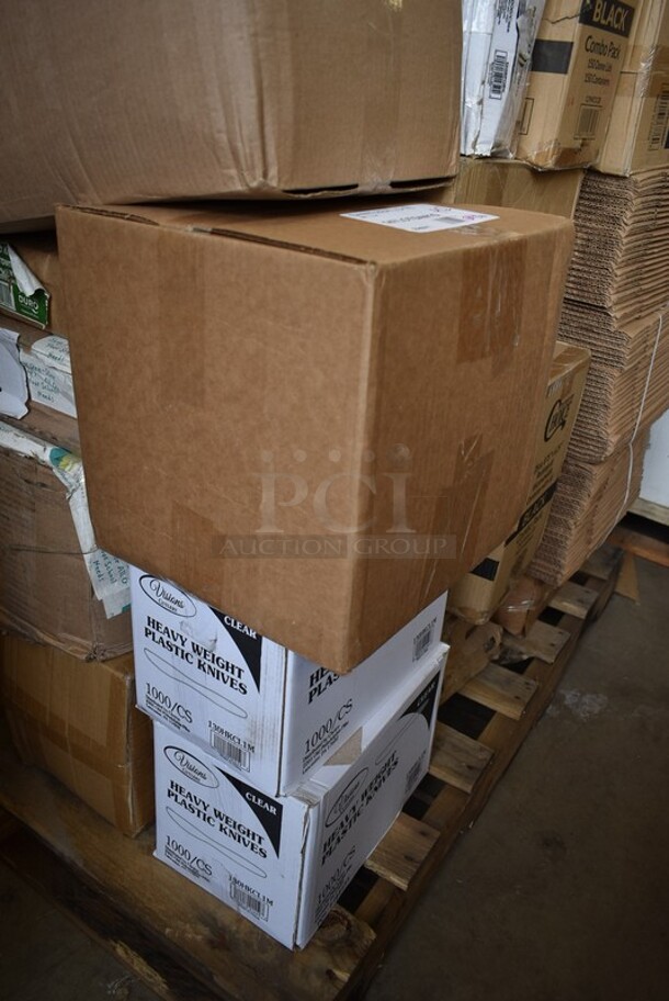 PALLET LOT of 37 BRAND NEW! Boxes Including 2 Box 130HKCL1M Visions Clear Heavy Weight Plastic Knife - Case of 1000, 147LOTSAN1G Noble Chemical 1 Gallon / 128 oz. Low Temp San Concentrated Dish Washing Machine Sanitizer - 4/Case, 267020008 Choice Dominion 8 3/8" Stainless Steel Dinner Knife - 12/Case, 612D3COMP Choice 8 1/2"x 6 3/8" 3-Compartment Oblong Foil Take-Out Container with Board Lid - 250/Case, 612605070HD Choice Full Size Heavy-Duty Foil Steam Table Pan Deep 3 3/8" Depth - 50/Case, 129MCS28B Choice 28 oz. Black Rectangular Microwavable Heavy Weight Container with Lid 8 3/4" x 6 1/4" x 1 3/4" - 150/Case, 3 Box Choice Plastic Tshirt Bags, 500CC24 Choice Clear PET Customizable Plastic Cold Cup - 24 oz. - 600/Case, 130LID12 Visions 12" Clear PET Plastic Round Catering Tray High Dome Lid - 25/Case, Cardboard Boxes. 37 Times Your Bid! - Image 2 of 12