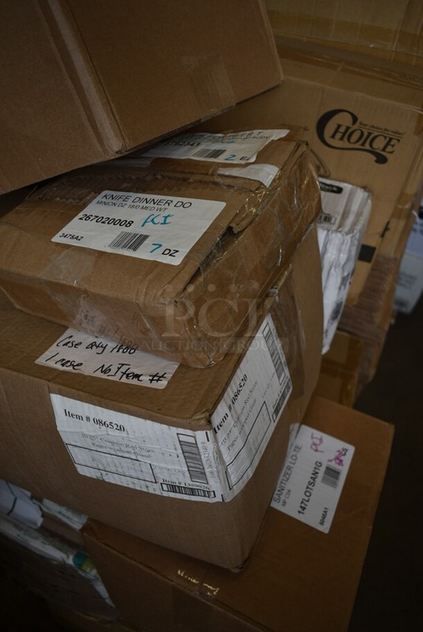 PALLET LOT of 37 BRAND NEW! Boxes Including 2 Box 130HKCL1M Visions Clear Heavy Weight Plastic Knife - Case of 1000, 147LOTSAN1G Noble Chemical 1 Gallon / 128 oz. Low Temp San Concentrated Dish Washing Machine Sanitizer - 4/Case, 267020008 Choice Dominion 8 3/8" Stainless Steel Dinner Knife - 12/Case, 612D3COMP Choice 8 1/2"x 6 3/8" 3-Compartment Oblong Foil Take-Out Container with Board Lid - 250/Case, 612605070HD Choice Full Size Heavy-Duty Foil Steam Table Pan Deep 3 3/8" Depth - 50/Case, 129MCS28B Choice 28 oz. Black Rectangular Microwavable Heavy Weight Container with Lid 8 3/4" x 6 1/4" x 1 3/4" - 150/Case, 3 Box Choice Plastic Tshirt Bags, 500CC24 Choice Clear PET Customizable Plastic Cold Cup - 24 oz. - 600/Case, 130LID12 Visions 12" Clear PET Plastic Round Catering Tray High Dome Lid - 25/Case, Cardboard Boxes. 37 Times Your Bid! - Image 4 of 12