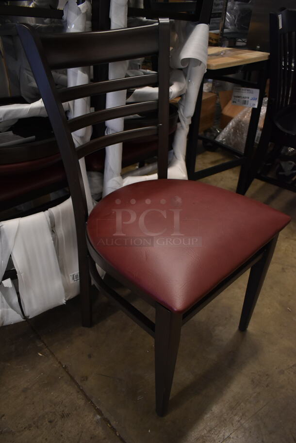 8 BRAND NEW SCRATCH AND DENT! Lancaster Table & Seating 164CWGWLADFR Black Metal Dining Height Chair w/ Maroon Seat Cushion. 8 Times Your Bid!  - Image 4 of 8