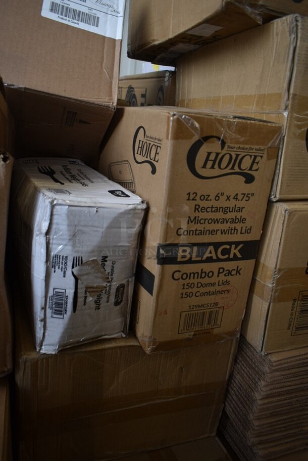 PALLET LOT of 37 BRAND NEW! Boxes Including 2 Box 130HKCL1M Visions Clear Heavy Weight Plastic Knife - Case of 1000, 147LOTSAN1G Noble Chemical 1 Gallon / 128 oz. Low Temp San Concentrated Dish Washing Machine Sanitizer - 4/Case, 267020008 Choice Dominion 8 3/8" Stainless Steel Dinner Knife - 12/Case, 612D3COMP Choice 8 1/2"x 6 3/8" 3-Compartment Oblong Foil Take-Out Container with Board Lid - 250/Case, 612605070HD Choice Full Size Heavy-Duty Foil Steam Table Pan Deep 3 3/8" Depth - 50/Case, 129MCS28B Choice 28 oz. Black Rectangular Microwavable Heavy Weight Container with Lid 8 3/4" x 6 1/4" x 1 3/4" - 150/Case, 3 Box Choice Plastic Tshirt Bags, 500CC24 Choice Clear PET Customizable Plastic Cold Cup - 24 oz. - 600/Case, 130LID12 Visions 12" Clear PET Plastic Round Catering Tray High Dome Lid - 25/Case, Cardboard Boxes. 37 Times Your Bid! - Image 7 of 12