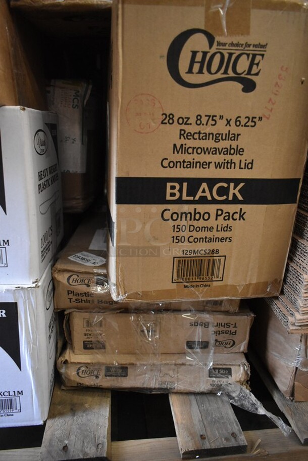 PALLET LOT of 37 BRAND NEW! Boxes Including 2 Box 130HKCL1M Visions Clear Heavy Weight Plastic Knife - Case of 1000, 147LOTSAN1G Noble Chemical 1 Gallon / 128 oz. Low Temp San Concentrated Dish Washing Machine Sanitizer - 4/Case, 267020008 Choice Dominion 8 3/8" Stainless Steel Dinner Knife - 12/Case, 612D3COMP Choice 8 1/2"x 6 3/8" 3-Compartment Oblong Foil Take-Out Container with Board Lid - 250/Case, 612605070HD Choice Full Size Heavy-Duty Foil Steam Table Pan Deep 3 3/8" Depth - 50/Case, 129MCS28B Choice 28 oz. Black Rectangular Microwavable Heavy Weight Container with Lid 8 3/4" x 6 1/4" x 1 3/4" - 150/Case, 3 Box Choice Plastic Tshirt Bags, 500CC24 Choice Clear PET Customizable Plastic Cold Cup - 24 oz. - 600/Case, 130LID12 Visions 12" Clear PET Plastic Round Catering Tray High Dome Lid - 25/Case, Cardboard Boxes. 37 Times Your Bid! - Image 8 of 12
