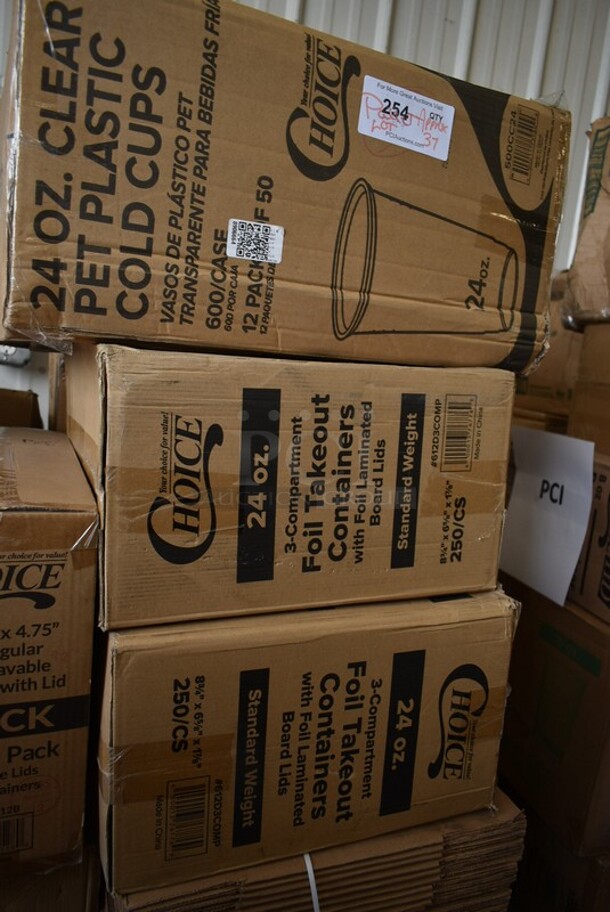 PALLET LOT of 37 BRAND NEW! Boxes Including 2 Box 130HKCL1M Visions Clear Heavy Weight Plastic Knife - Case of 1000, 147LOTSAN1G Noble Chemical 1 Gallon / 128 oz. Low Temp San Concentrated Dish Washing Machine Sanitizer - 4/Case, 267020008 Choice Dominion 8 3/8" Stainless Steel Dinner Knife - 12/Case, 612D3COMP Choice 8 1/2"x 6 3/8" 3-Compartment Oblong Foil Take-Out Container with Board Lid - 250/Case, 612605070HD Choice Full Size Heavy-Duty Foil Steam Table Pan Deep 3 3/8" Depth - 50/Case, 129MCS28B Choice 28 oz. Black Rectangular Microwavable Heavy Weight Container with Lid 8 3/4" x 6 1/4" x 1 3/4" - 150/Case, 3 Box Choice Plastic Tshirt Bags, 500CC24 Choice Clear PET Customizable Plastic Cold Cup - 24 oz. - 600/Case, 130LID12 Visions 12" Clear PET Plastic Round Catering Tray High Dome Lid - 25/Case, Cardboard Boxes. 37 Times Your Bid! - Image 9 of 12