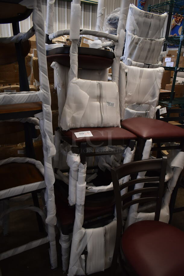 8 BRAND NEW SCRATCH AND DENT! Lancaster Table & Seating 164CWGWLADFR Black Metal Dining Height Chair w/ Maroon Seat Cushion. 8 Times Your Bid!  - Image 6 of 8