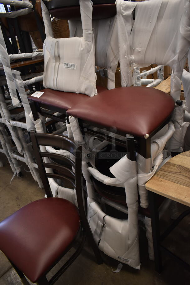 8 BRAND NEW SCRATCH AND DENT! Lancaster Table & Seating 164CWGWLADFR Black Metal Dining Height Chair w/ Maroon Seat Cushion. 8 Times Your Bid!  - Image 7 of 8