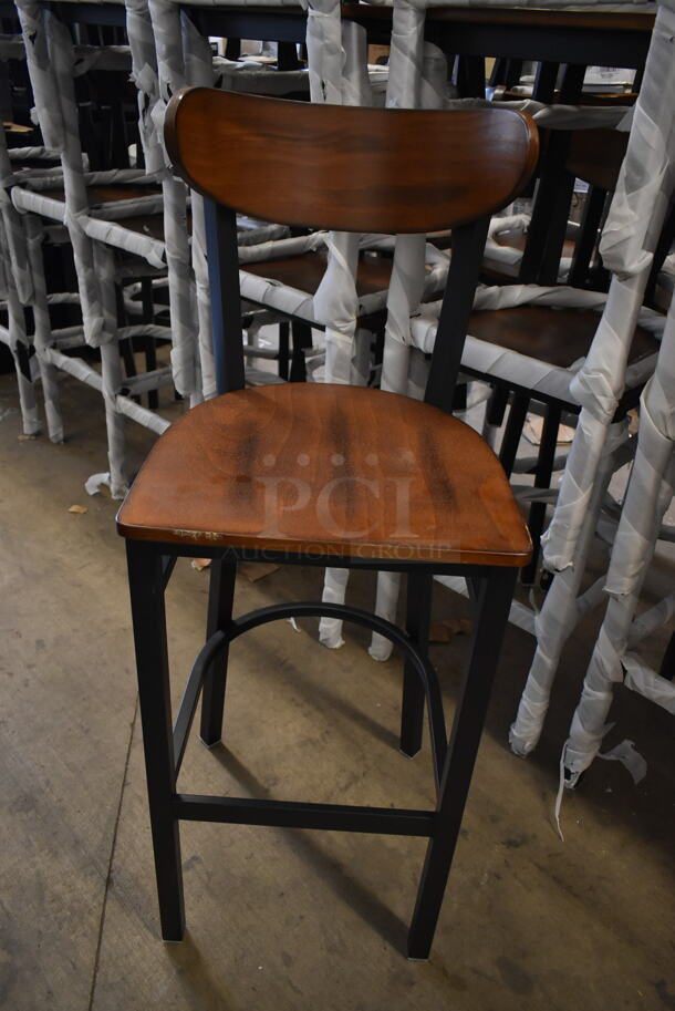 36 BRAND NEW SCRATCH AND DENT! Lancaster Table & Seating Black Metal Bar Height Chair w/ Wooden Seat. 36 Times Your Bid!  - Image 3 of 8