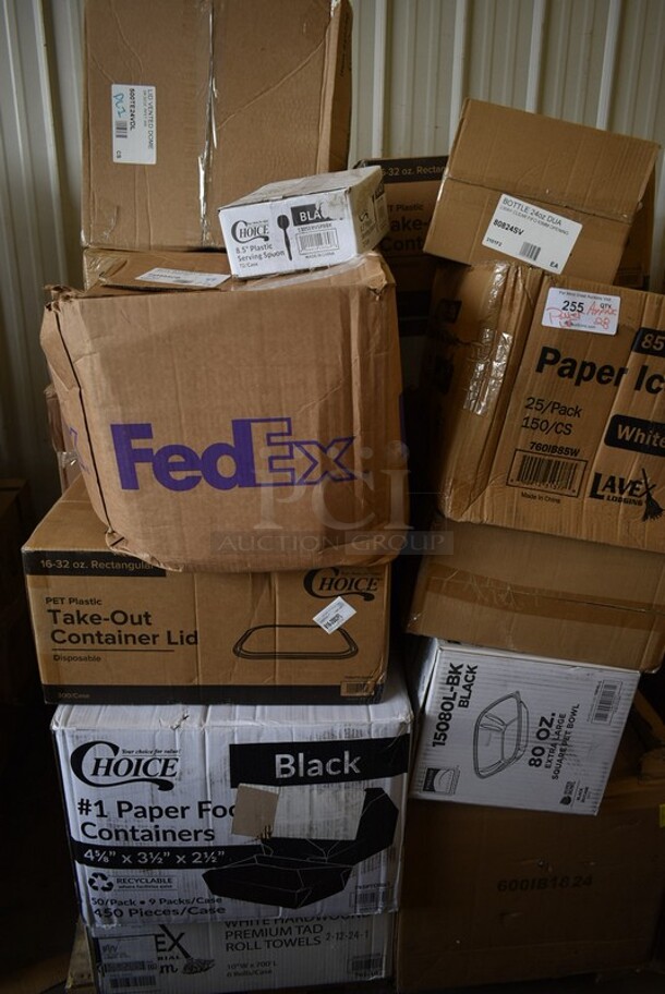 PALLET LOT of 28 BRAND NEW! Boxes Including 5001RT70010B Lavex Premium 10" White Aircell TAD Hardwound Paper Towel Roll, 700 Feet / Roll - 6/Case, 795PTOBK1 Choice 4 5/8" x 3 1/2" x 2 1/2" Black Microwavable Folded Paper #1 Take-Out Container - 450/Case, Take Out Container Lids,  15080L-BK  Super Bowl Plus 80 oz. Black Square PET Plastic Bowl - 50/Case, 245954CB Baker's Mark 9" x 5" x 4" White Bakery Box - 250/Bundle, 80824SV Tablecraft 24SV 24 oz. INVERTAtop Dualway First In First Out "FIFO" Squeeze Bottle - 3/Pack, 
760IB85W Lavex 5 lb. White Disposable Paper Ice Bucket - 150/Case. 28 Times Your Bid! - Image 1 of 12
