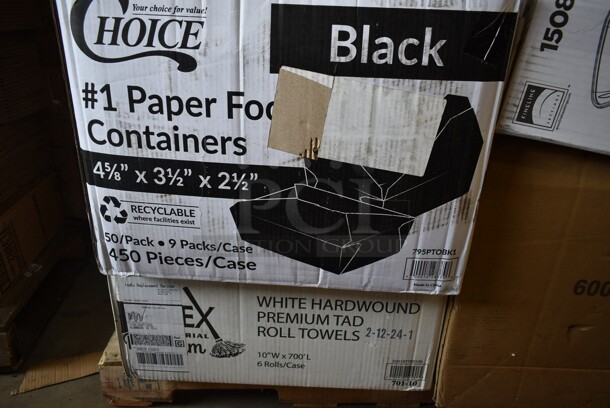 PALLET LOT of 28 BRAND NEW! Boxes Including 5001RT70010B Lavex Premium 10" White Aircell TAD Hardwound Paper Towel Roll, 700 Feet / Roll - 6/Case, 795PTOBK1 Choice 4 5/8" x 3 1/2" x 2 1/2" Black Microwavable Folded Paper #1 Take-Out Container - 450/Case, Take Out Container Lids,  15080L-BK  Super Bowl Plus 80 oz. Black Square PET Plastic Bowl - 50/Case, 245954CB Baker's Mark 9" x 5" x 4" White Bakery Box - 250/Bundle, 80824SV Tablecraft 24SV 24 oz. INVERTAtop Dualway First In First Out "FIFO" Squeeze Bottle - 3/Pack, 
760IB85W Lavex 5 lb. White Disposable Paper Ice Bucket - 150/Case. 28 Times Your Bid! - Image 2 of 12