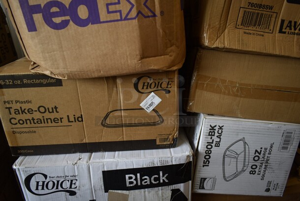PALLET LOT of 28 BRAND NEW! Boxes Including 5001RT70010B Lavex Premium 10" White Aircell TAD Hardwound Paper Towel Roll, 700 Feet / Roll - 6/Case, 795PTOBK1 Choice 4 5/8" x 3 1/2" x 2 1/2" Black Microwavable Folded Paper #1 Take-Out Container - 450/Case, Take Out Container Lids,  15080L-BK  Super Bowl Plus 80 oz. Black Square PET Plastic Bowl - 50/Case, 245954CB Baker's Mark 9" x 5" x 4" White Bakery Box - 250/Bundle, 80824SV Tablecraft 24SV 24 oz. INVERTAtop Dualway First In First Out "FIFO" Squeeze Bottle - 3/Pack, 
760IB85W Lavex 5 lb. White Disposable Paper Ice Bucket - 150/Case. 28 Times Your Bid! - Image 3 of 12