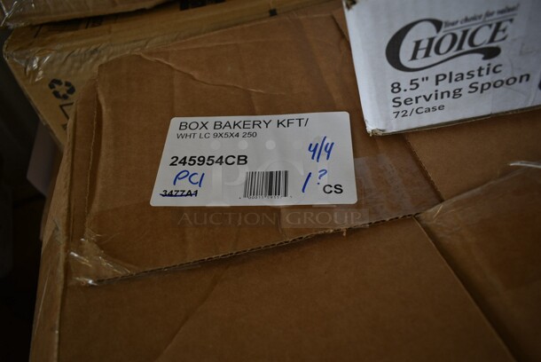 PALLET LOT of 28 BRAND NEW! Boxes Including 5001RT70010B Lavex Premium 10" White Aircell TAD Hardwound Paper Towel Roll, 700 Feet / Roll - 6/Case, 795PTOBK1 Choice 4 5/8" x 3 1/2" x 2 1/2" Black Microwavable Folded Paper #1 Take-Out Container - 450/Case, Take Out Container Lids,  15080L-BK  Super Bowl Plus 80 oz. Black Square PET Plastic Bowl - 50/Case, 245954CB Baker's Mark 9" x 5" x 4" White Bakery Box - 250/Bundle, 80824SV Tablecraft 24SV 24 oz. INVERTAtop Dualway First In First Out "FIFO" Squeeze Bottle - 3/Pack, 
760IB85W Lavex 5 lb. White Disposable Paper Ice Bucket - 150/Case. 28 Times Your Bid! - Image 4 of 12