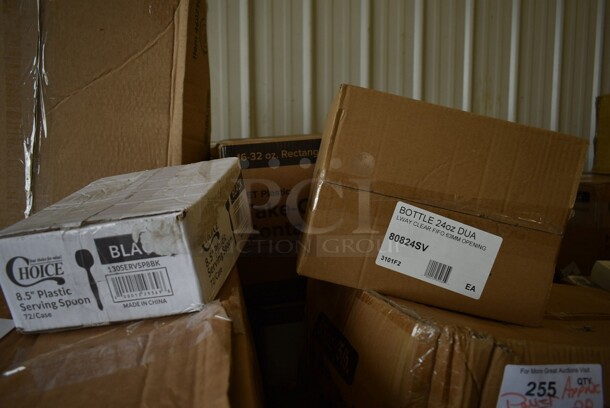 PALLET LOT of 28 BRAND NEW! Boxes Including 5001RT70010B Lavex Premium 10" White Aircell TAD Hardwound Paper Towel Roll, 700 Feet / Roll - 6/Case, 795PTOBK1 Choice 4 5/8" x 3 1/2" x 2 1/2" Black Microwavable Folded Paper #1 Take-Out Container - 450/Case, Take Out Container Lids,  15080L-BK  Super Bowl Plus 80 oz. Black Square PET Plastic Bowl - 50/Case, 245954CB Baker's Mark 9" x 5" x 4" White Bakery Box - 250/Bundle, 80824SV Tablecraft 24SV 24 oz. INVERTAtop Dualway First In First Out "FIFO" Squeeze Bottle - 3/Pack, 
760IB85W Lavex 5 lb. White Disposable Paper Ice Bucket - 150/Case. 28 Times Your Bid! - Image 5 of 12