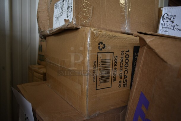 PALLET LOT of 28 BRAND NEW! Boxes Including 5001RT70010B Lavex Premium 10" White Aircell TAD Hardwound Paper Towel Roll, 700 Feet / Roll - 6/Case, 795PTOBK1 Choice 4 5/8" x 3 1/2" x 2 1/2" Black Microwavable Folded Paper #1 Take-Out Container - 450/Case, Take Out Container Lids,  15080L-BK  Super Bowl Plus 80 oz. Black Square PET Plastic Bowl - 50/Case, 245954CB Baker's Mark 9" x 5" x 4" White Bakery Box - 250/Bundle, 80824SV Tablecraft 24SV 24 oz. INVERTAtop Dualway First In First Out "FIFO" Squeeze Bottle - 3/Pack, 
760IB85W Lavex 5 lb. White Disposable Paper Ice Bucket - 150/Case. 28 Times Your Bid! - Image 7 of 12