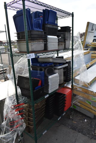 Green Finish 4 Tier Wire Shelving Unit w/ Contents Including Drop In Bins. BUYER MUST DISMANTLE. PCI CANNOT DISMANTLE FOR SHIPPING. PLEASE CONSIDER FREIGHT CHARGES.