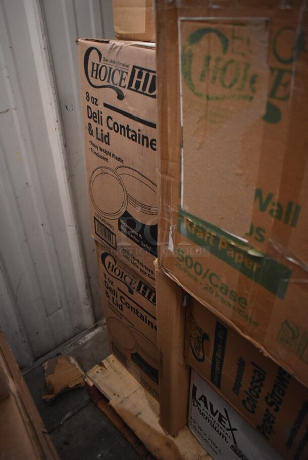 PALLET LOT of 28 BRAND NEW! Boxes Including 5001RT70010B Lavex Premium 10" White Aircell TAD Hardwound Paper Towel Roll, 700 Feet / Roll - 6/Case, 795PTOBK1 Choice 4 5/8" x 3 1/2" x 2 1/2" Black Microwavable Folded Paper #1 Take-Out Container - 450/Case, Take Out Container Lids,  15080L-BK  Super Bowl Plus 80 oz. Black Square PET Plastic Bowl - 50/Case, 245954CB Baker's Mark 9" x 5" x 4" White Bakery Box - 250/Bundle, 80824SV Tablecraft 24SV 24 oz. INVERTAtop Dualway First In First Out "FIFO" Squeeze Bottle - 3/Pack, 
760IB85W Lavex 5 lb. White Disposable Paper Ice Bucket - 150/Case. 28 Times Your Bid! - Image 8 of 12