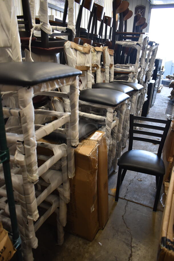18 BRAND NEW SCRATCH AND DENT! Lancaster Table & Seating 164CMTLADFR Black Metal Dining Height Chairs. Comes w/ 14 Cushions. 18 Times Your Bid!  - Image 3 of 12