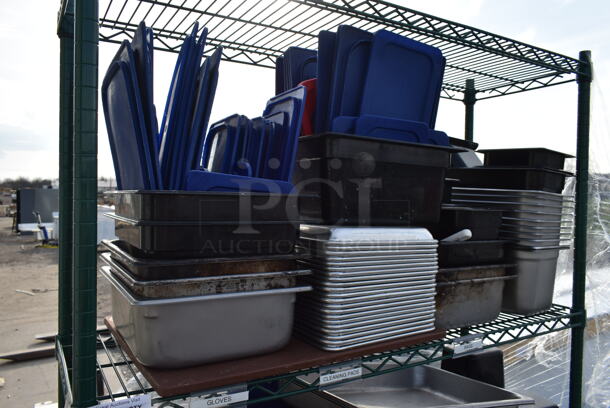 Green Finish 4 Tier Wire Shelving Unit w/ Contents Including Drop In Bins. BUYER MUST DISMANTLE. PCI CANNOT DISMANTLE FOR SHIPPING. PLEASE CONSIDER FREIGHT CHARGES. - Image 2 of 4