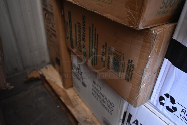 PALLET LOT of 28 BRAND NEW! Boxes Including 5001RT70010B Lavex Premium 10" White Aircell TAD Hardwound Paper Towel Roll, 700 Feet / Roll - 6/Case, 795PTOBK1 Choice 4 5/8" x 3 1/2" x 2 1/2" Black Microwavable Folded Paper #1 Take-Out Container - 450/Case, Take Out Container Lids,  15080L-BK  Super Bowl Plus 80 oz. Black Square PET Plastic Bowl - 50/Case, 245954CB Baker's Mark 9" x 5" x 4" White Bakery Box - 250/Bundle, 80824SV Tablecraft 24SV 24 oz. INVERTAtop Dualway First In First Out "FIFO" Squeeze Bottle - 3/Pack, 
760IB85W Lavex 5 lb. White Disposable Paper Ice Bucket - 150/Case. 28 Times Your Bid! - Image 9 of 12